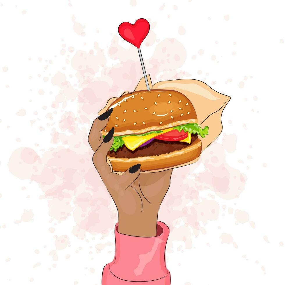 jugoso apetitoso hamburguesa en mano mujer de moda rápido comida ilustración vector