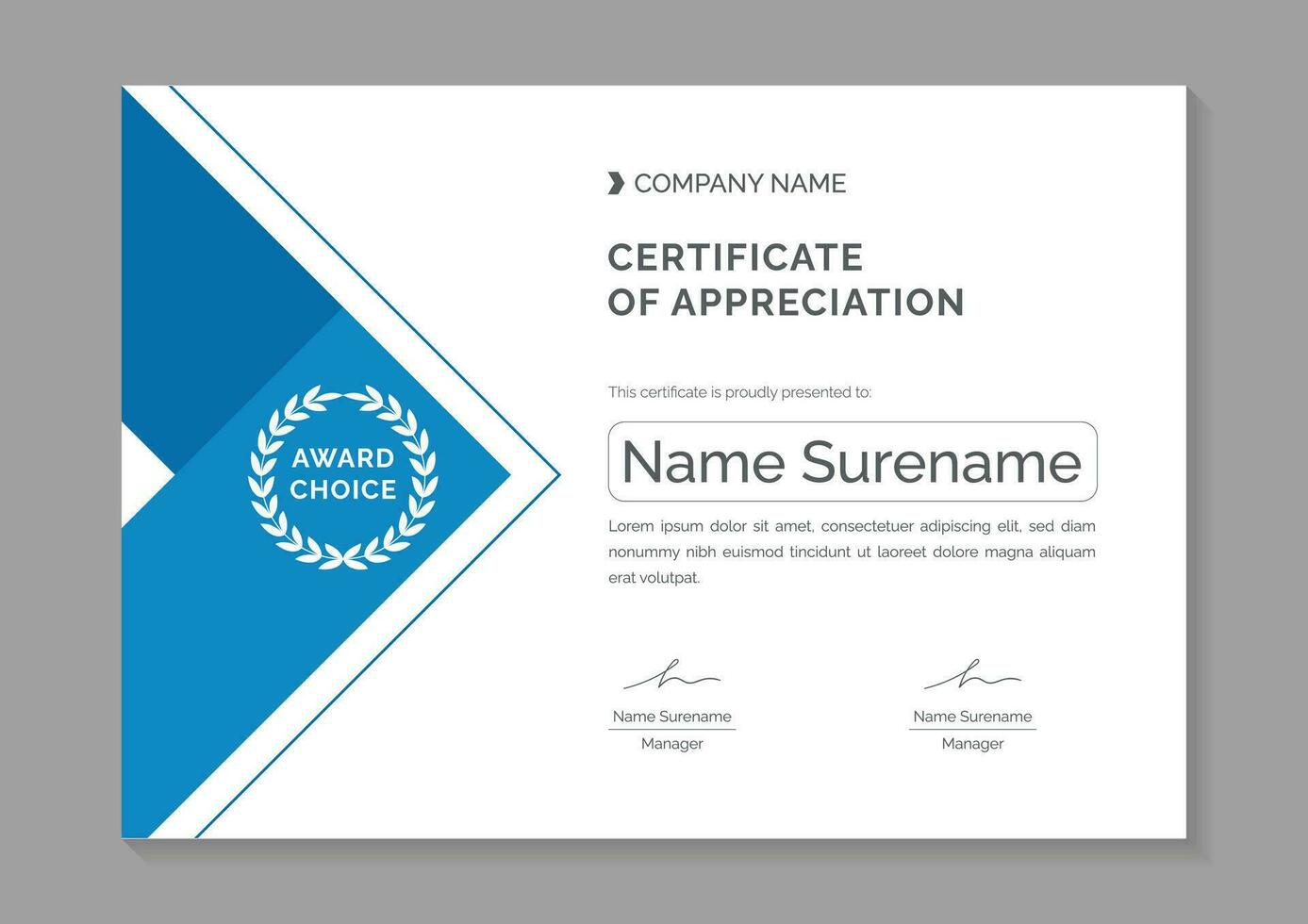 blue modern certificate of appreciation template design vector