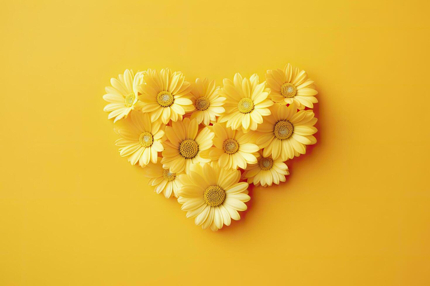 AI generated Yellow Heart Shaped By Yellow Daisies Over Yellow Background. AI Generated photo