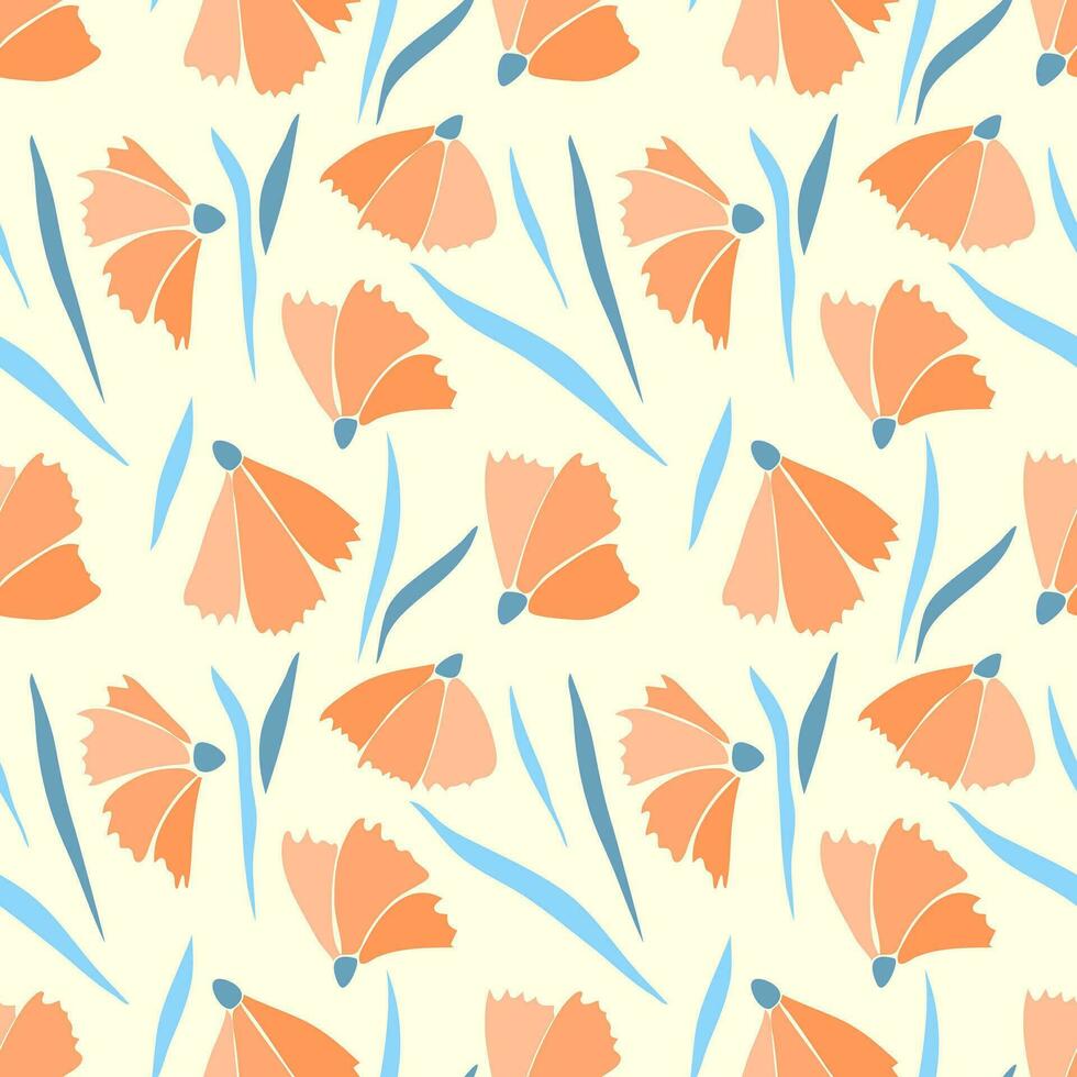 Flowers Peach fuzz color trend year 2024 pattern with blue leaves on pastel yellow background. vector