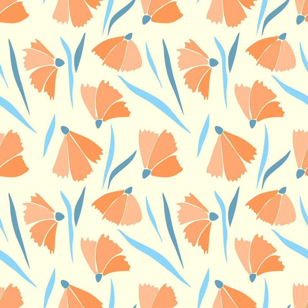 Flowers Peach fuzz color trend year 2024 pattern with blue leaves on pastel yellow background. vector