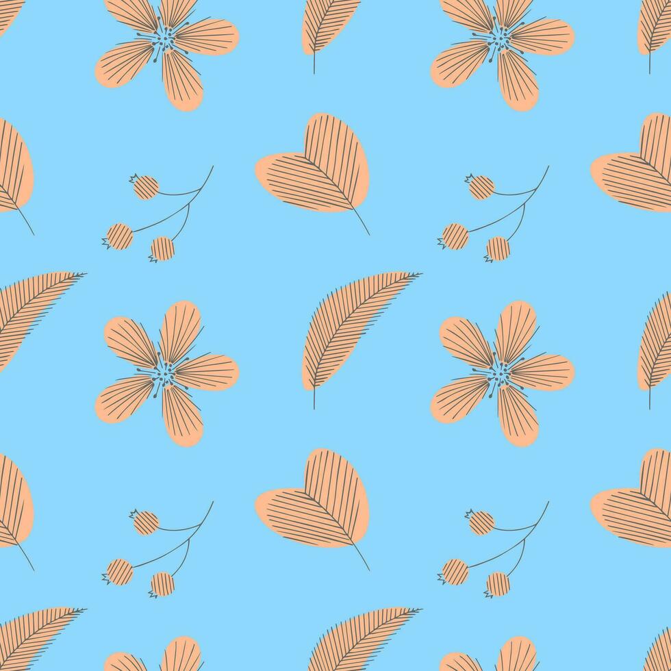 Pattern flowers Peach fuzz color trend 2024 doodle hand drawn on blue background. vector