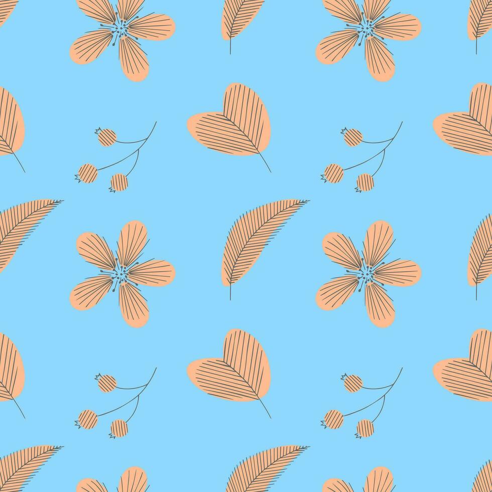 Pattern flowers Peach fuzz color trend 2024 doodle hand drawn on blue background. vector