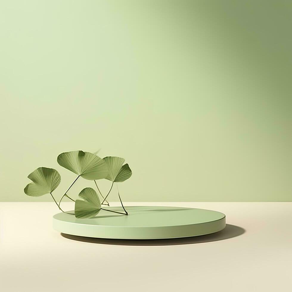 AI generated Empty podium with Ginkgo Biloba leaves and shadows on pastel green background.  AI Generated. photo