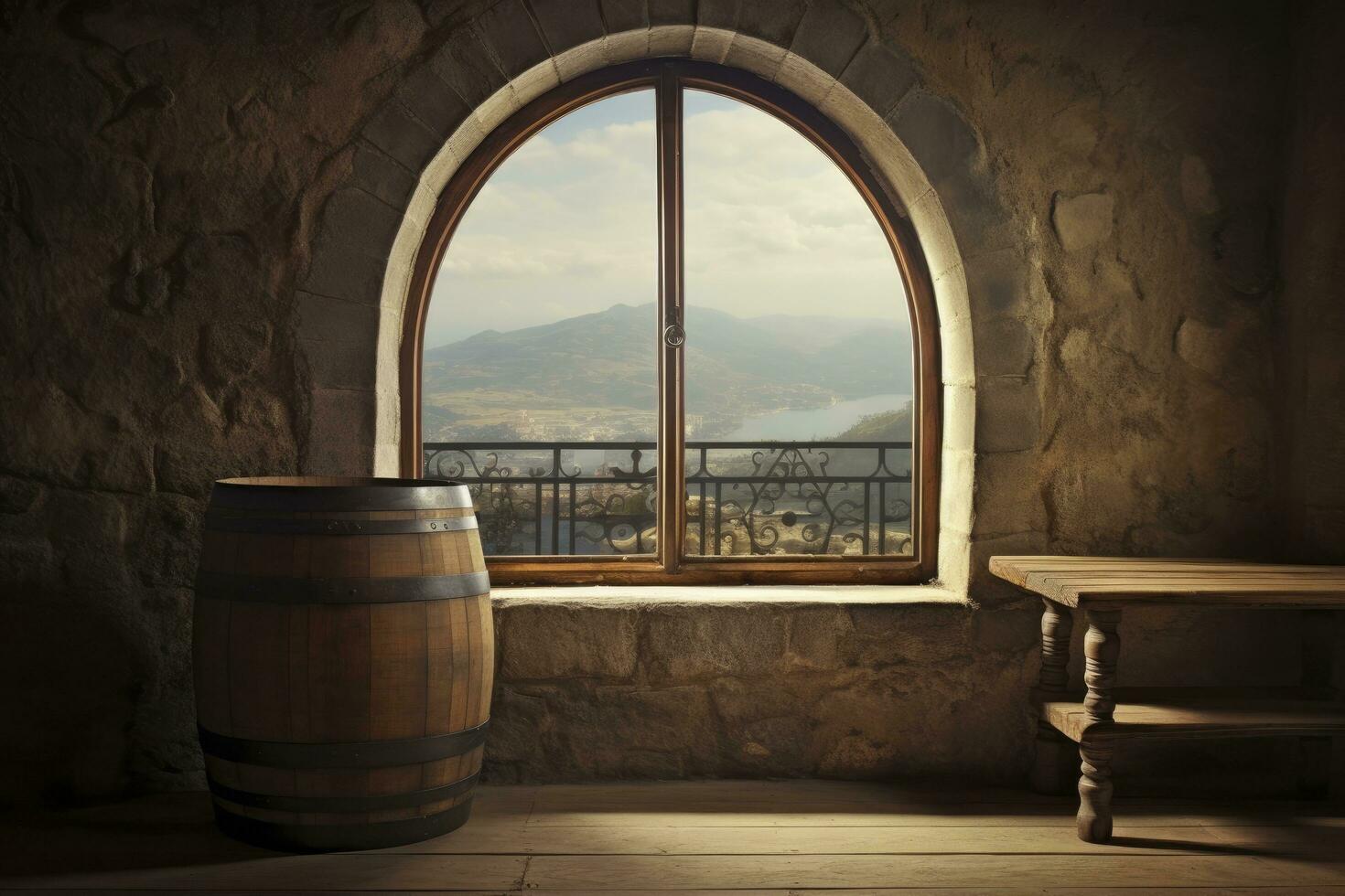 AI generated Barrel in an ancient castle beside the window. AI Generated photo