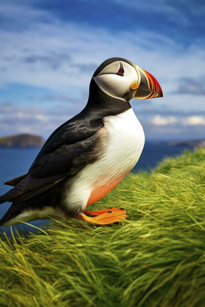 AI generated Puffin bird on a green grass patch. AI Generated photo