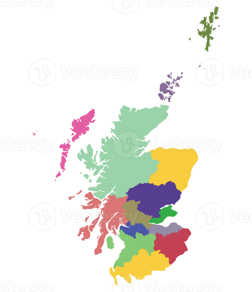 Scotland map. Map of Scotland in administrative regions in multicolor png