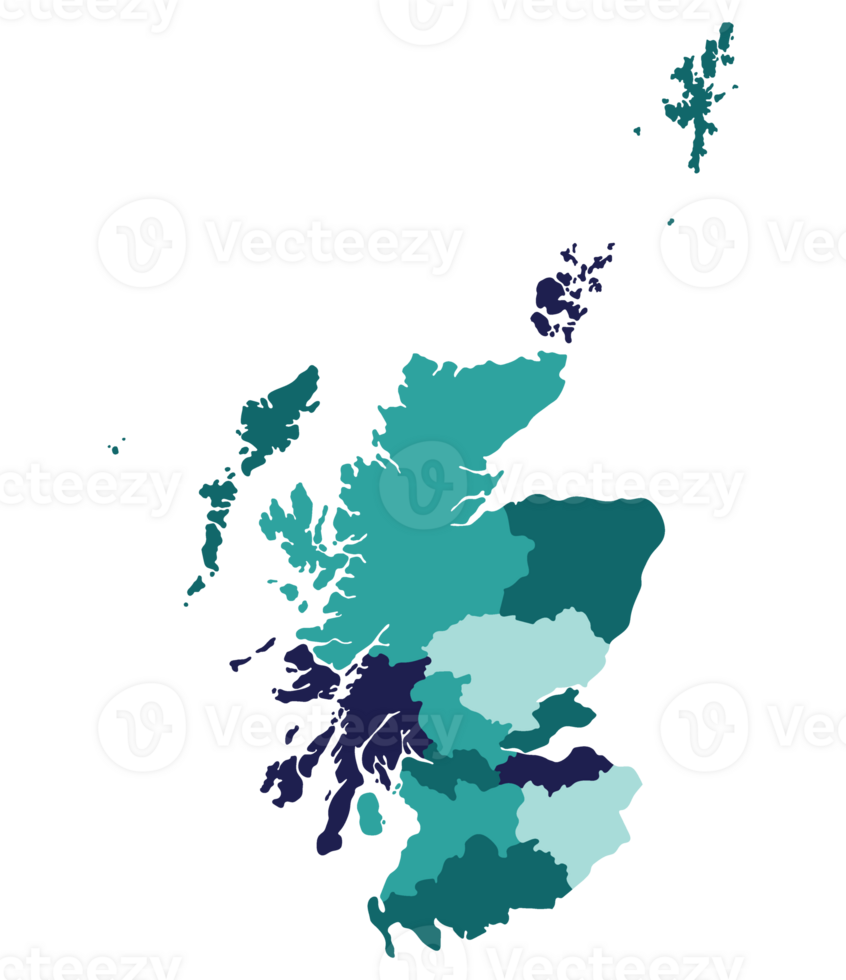 Scotland map. Map of Scotland in administrative regions in multicolor png