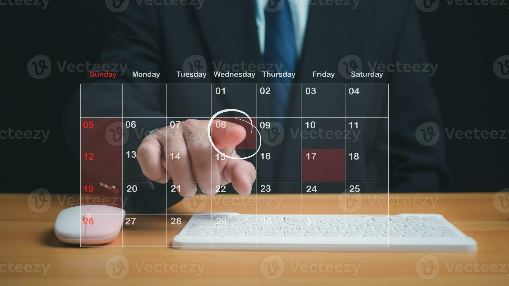 Businessman marking dates on virtual calendar, managing his business schedule, setting reminders for important appointments, creative collage for planning ideas, appointment scheduler photo