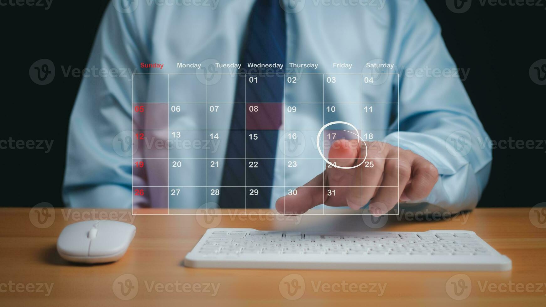 Businessman marking dates on virtual calendar, managing his business schedule, setting reminders for important appointments, creative collage for planning ideas, appointment scheduler photo