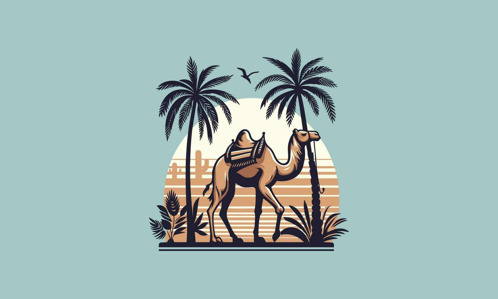 camels walking amidst the desert and date palm trees vector design