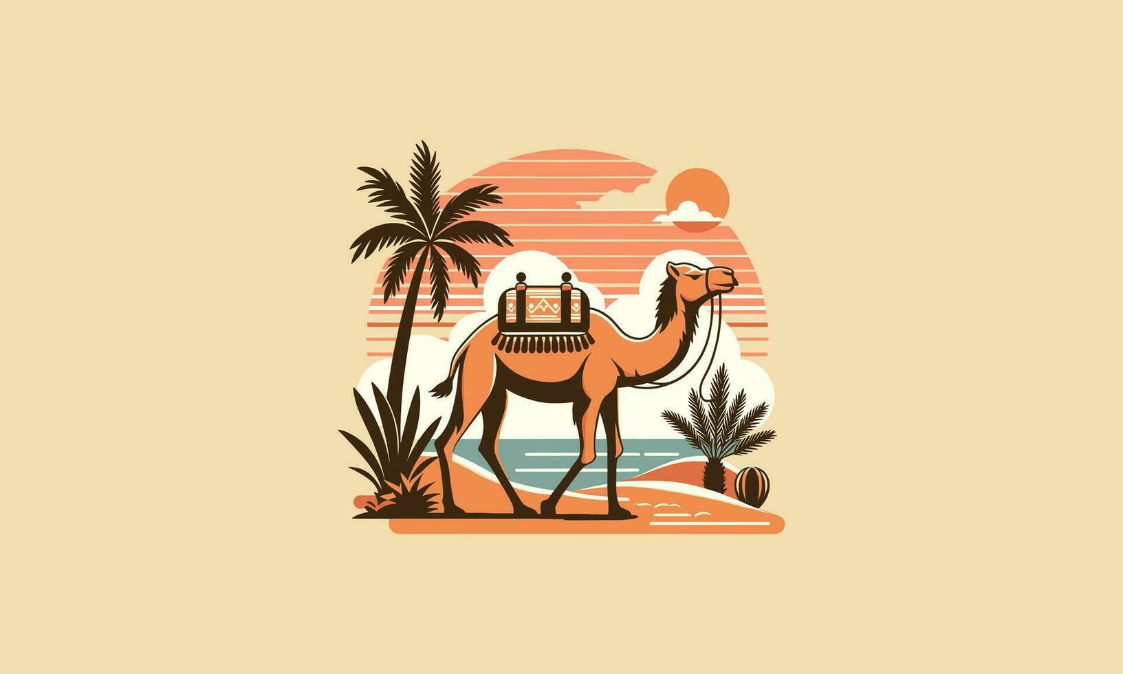 camels walking amidst the desert and date palm trees vector design