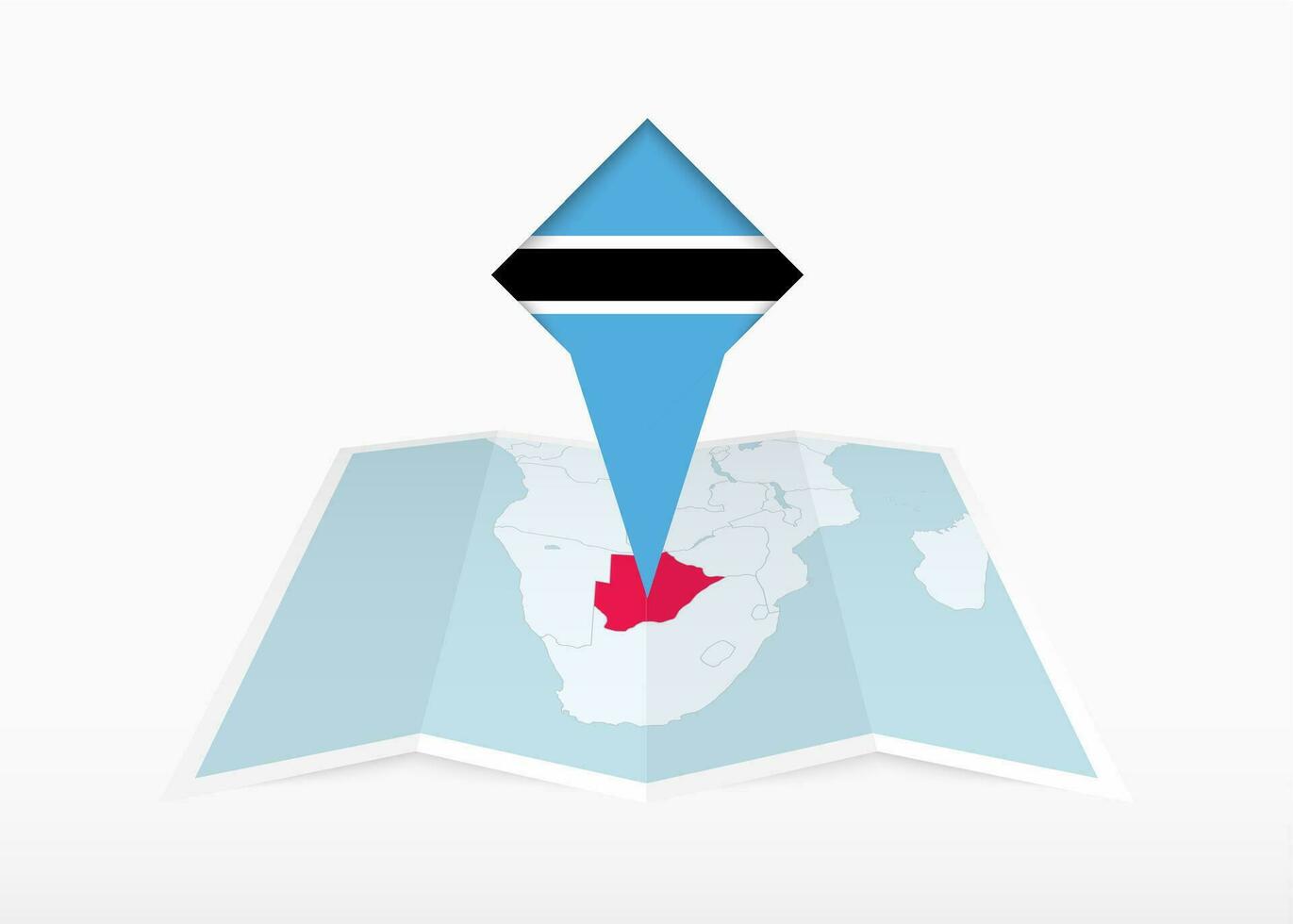 Botswana is depicted on a folded paper map and pinned location marker with flag of Botswana. vector