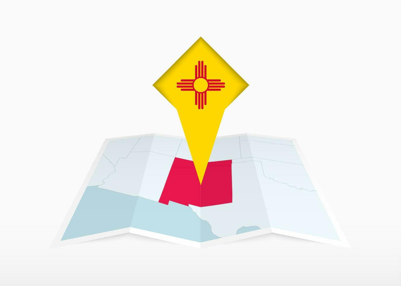 New Mexico is depicted on a folded paper map and pinned location marker with flag of New Mexico. vector