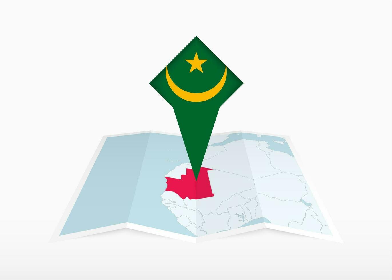 Mauritania es representado en un doblada papel mapa y clavado ubicación marcador con bandera de Mauritania. vector