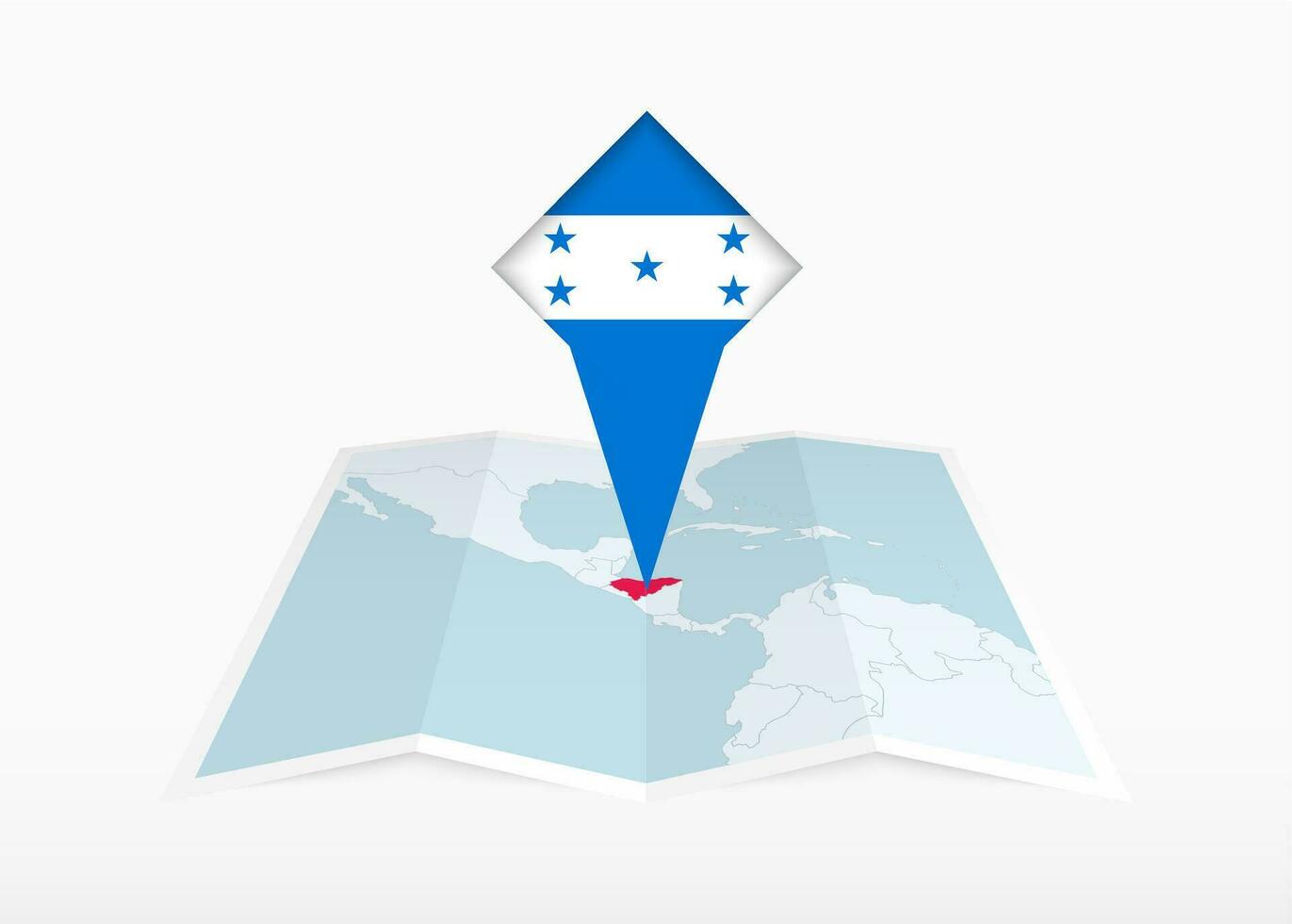 Honduras es representado en un doblada papel mapa y clavado ubicación marcador con bandera de Honduras. vector