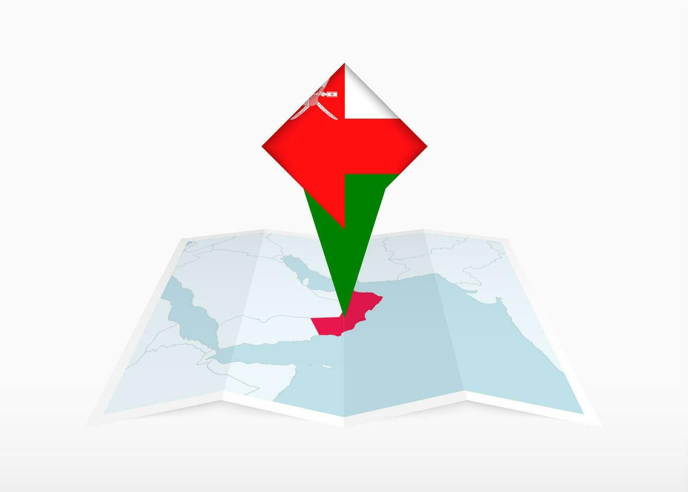 Oman is depicted on a folded paper map and pinned location marker with flag of Oman. vector