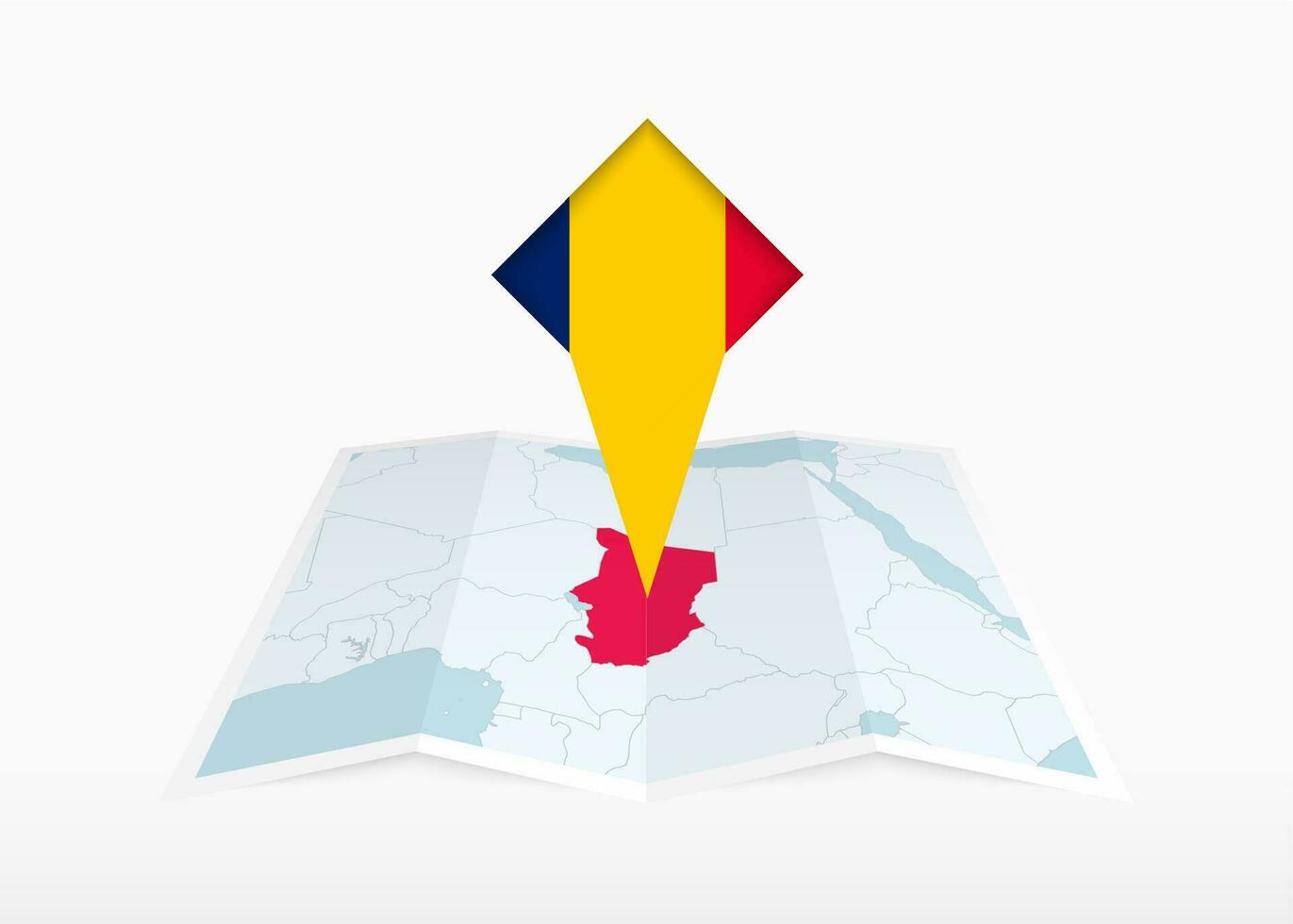 Chad es representado en un doblada papel mapa y clavado ubicación marcador con bandera de Chad. vector