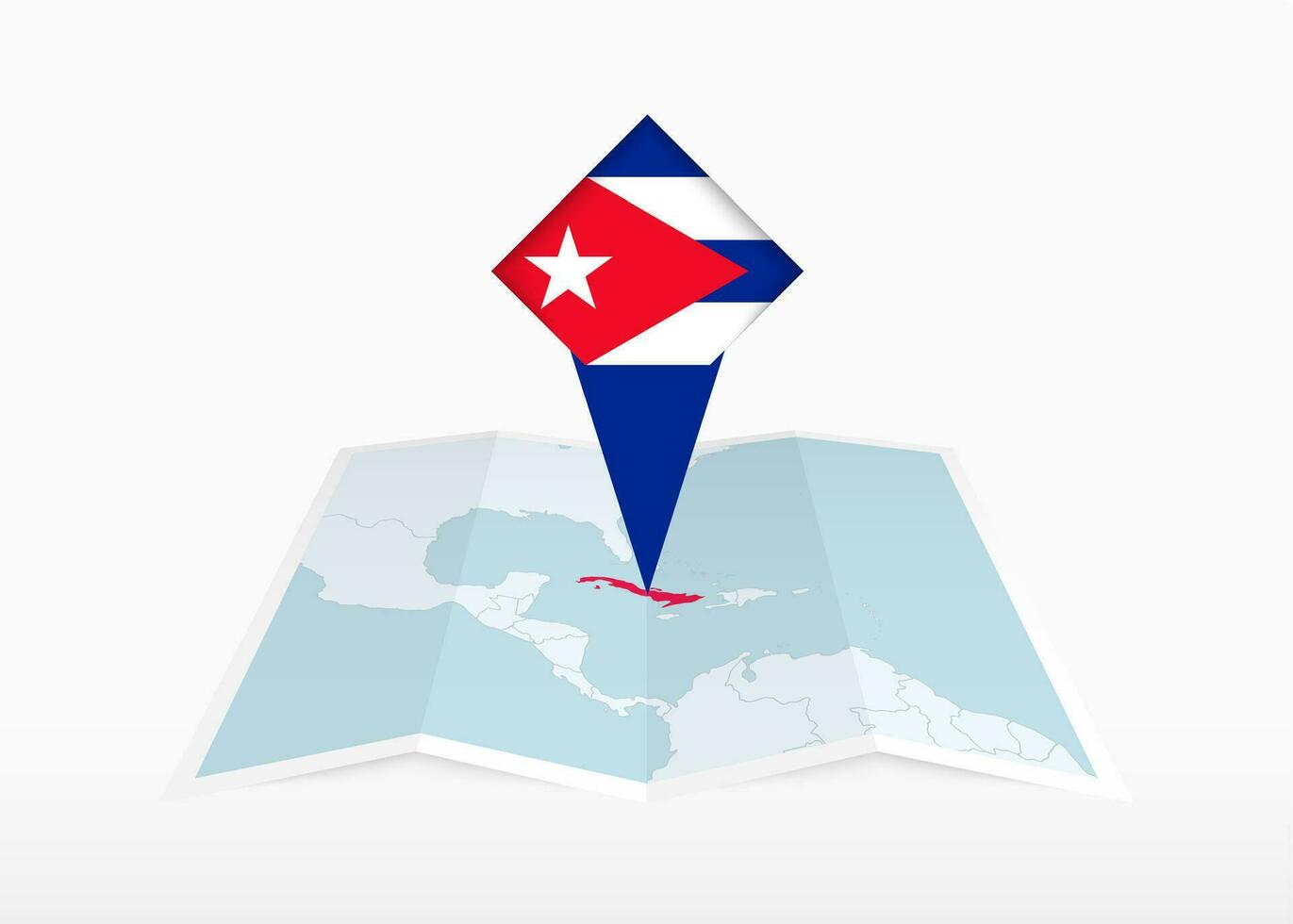 Cuba es representado en un doblada papel mapa y clavado ubicación marcador con bandera de Cuba. vector