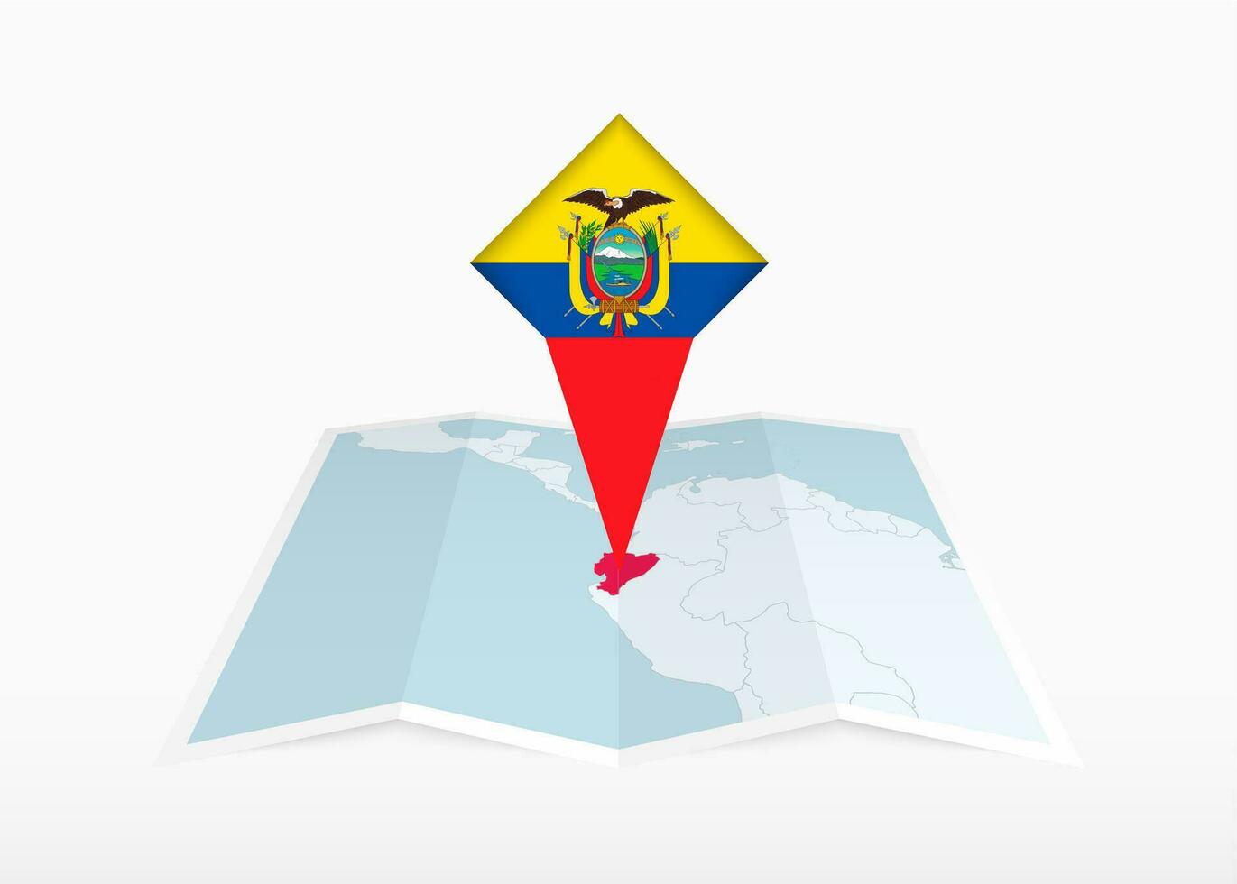 Ecuador es representado en un doblada papel mapa y clavado ubicación marcador con bandera de Ecuador. vector