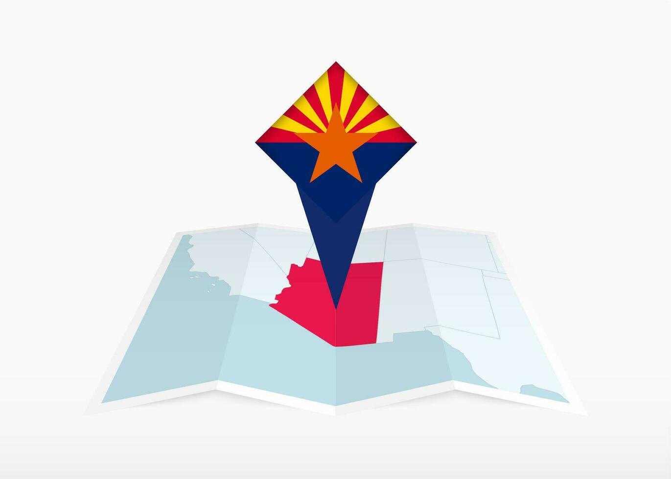 Arizona es representado en un doblada papel mapa y clavado ubicación marcador con bandera de Arizona. vector