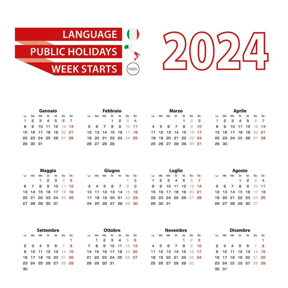 Calendar 2024 in Italian language with public holidays the country of Italy in year 2024. vector