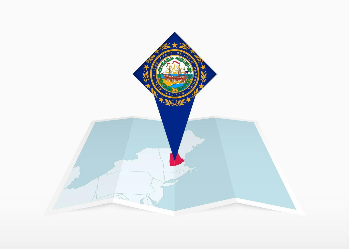 New Hampshire is depicted on a folded paper map and pinned location marker with flag of New Hampshire. vector