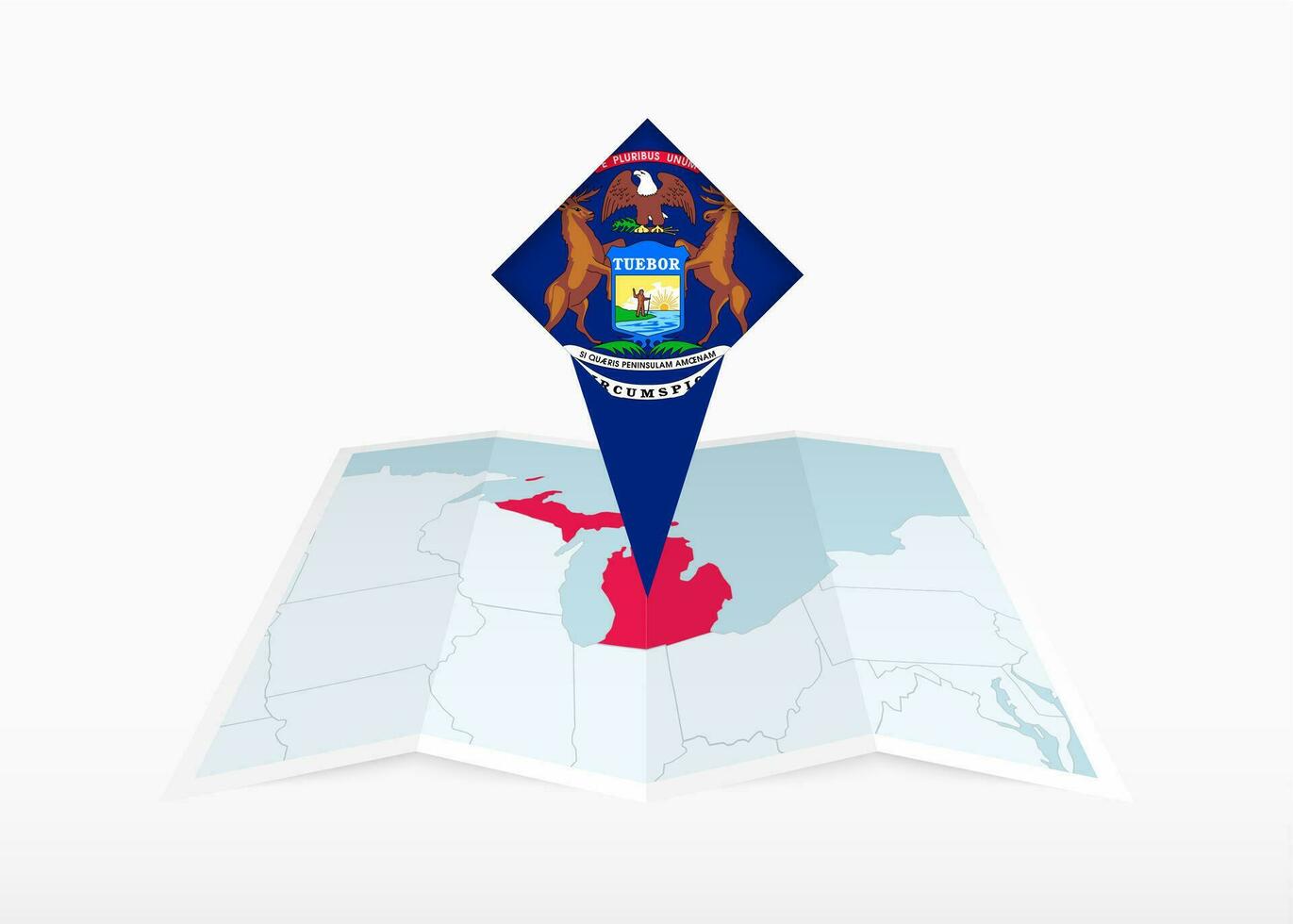 Michigan is depicted on a folded paper map and pinned location marker with flag of Michigan. vector
