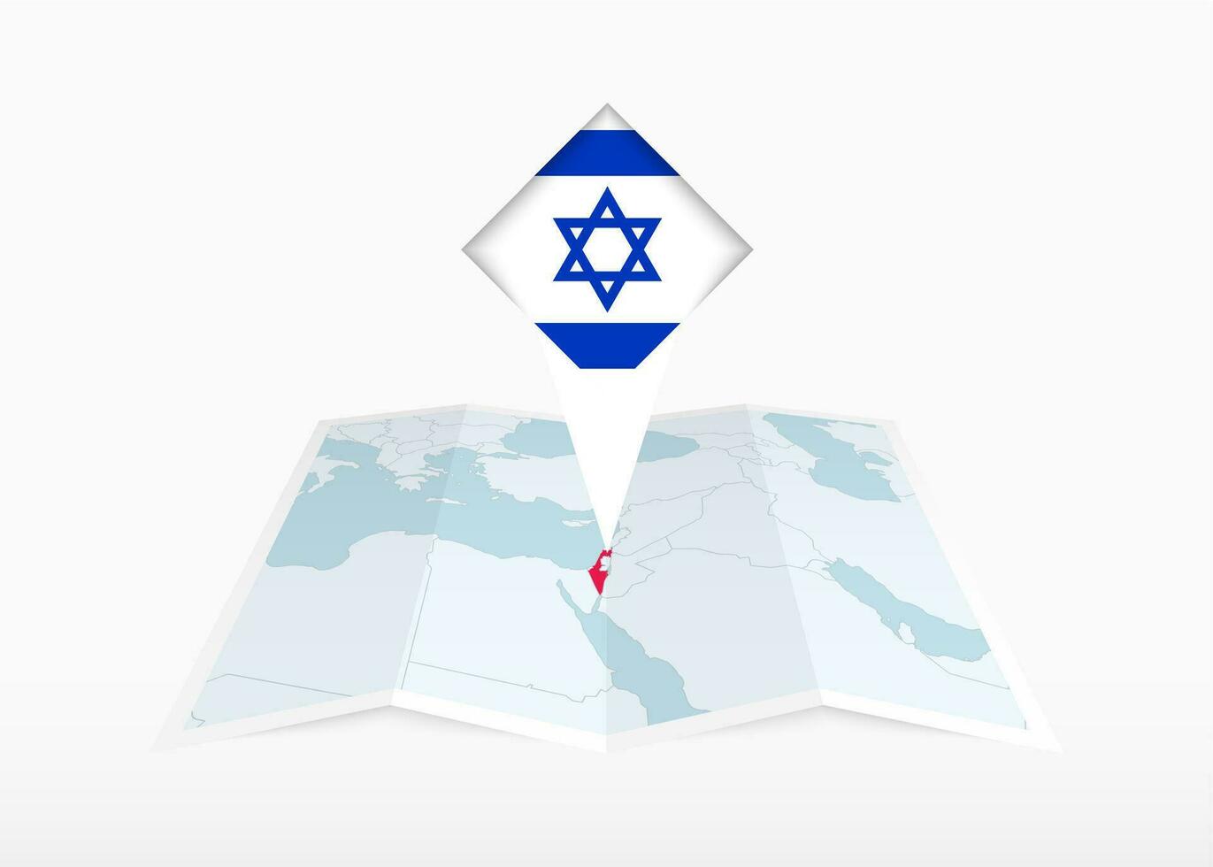 Israel is depicted on a folded paper map and pinned location marker with flag of Israel. vector