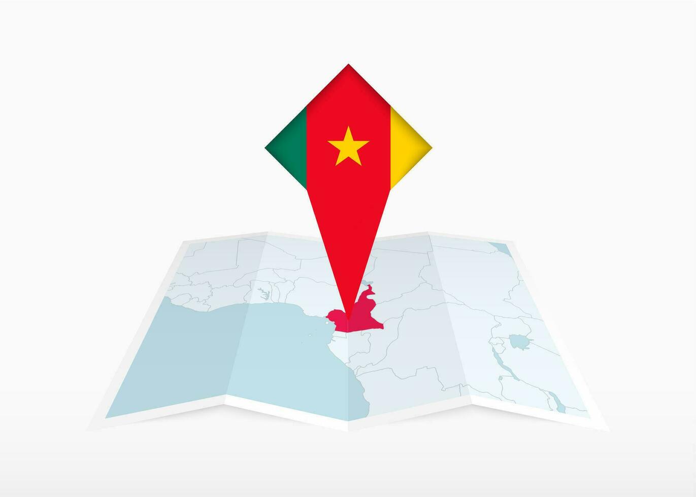 Cameroon is depicted on a folded paper map and pinned location marker with flag of Cameroon. vector