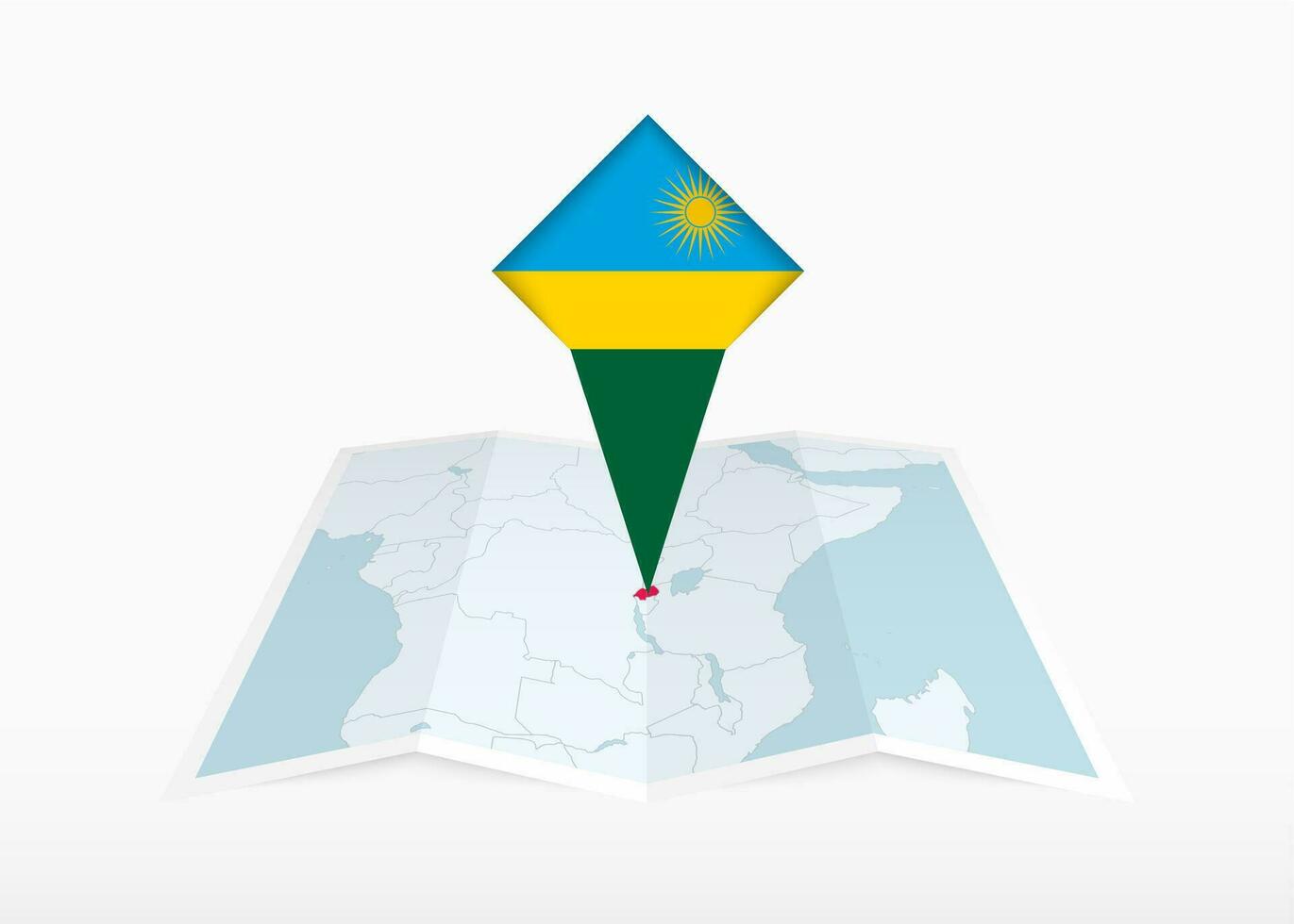 Rwanda is depicted on a folded paper map and pinned location marker with flag of Rwanda. vector