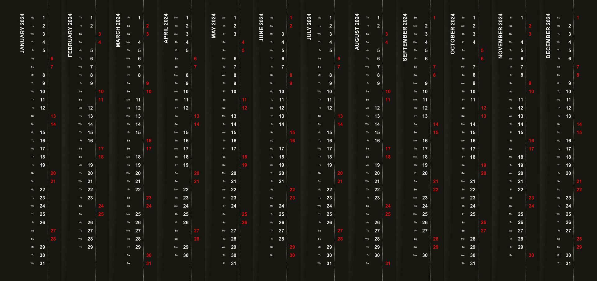 Vertical calendar 2024 on black background, Saturday and Sunday selected in different row. vector