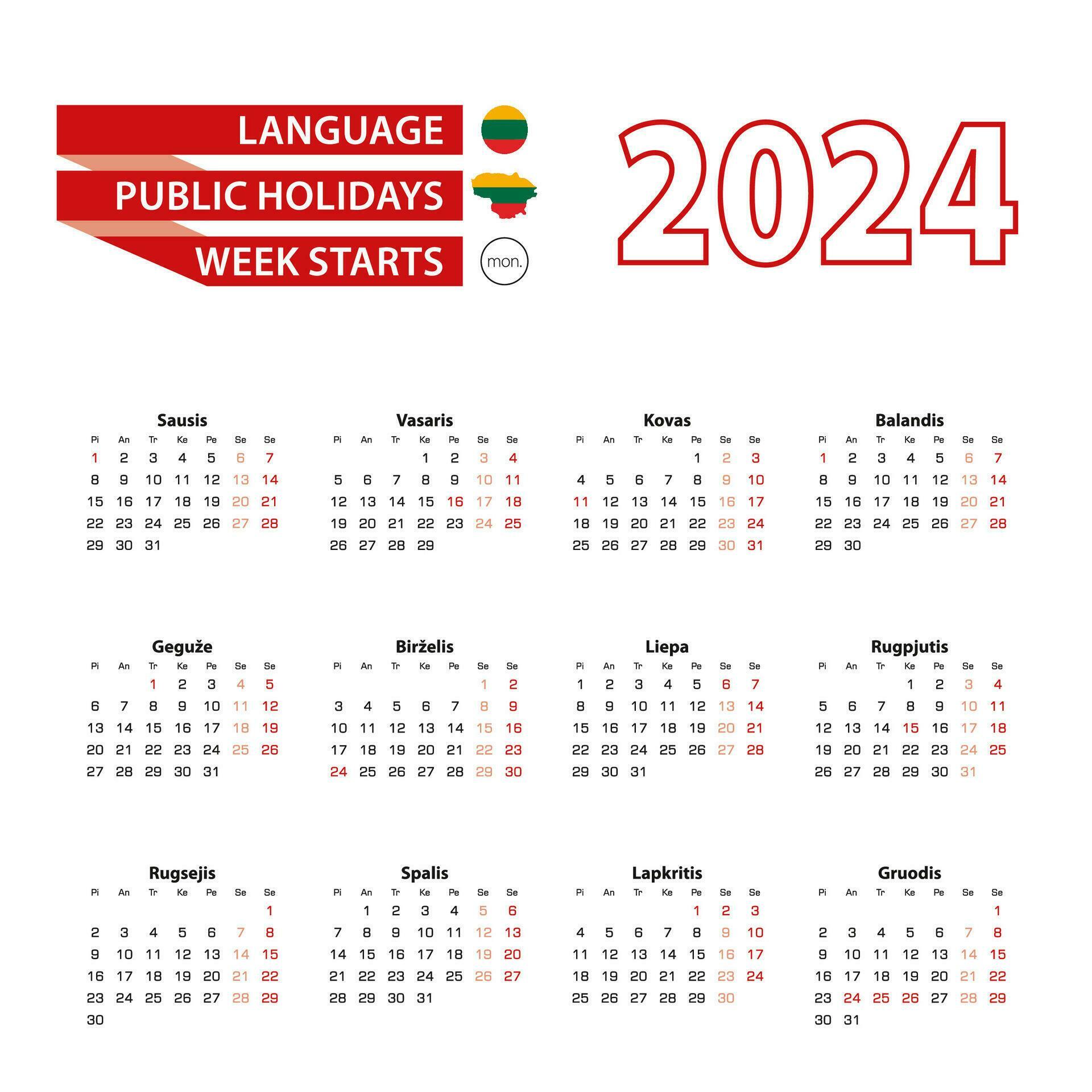 Calendar 2024 in Lithuanian language with public holidays the country