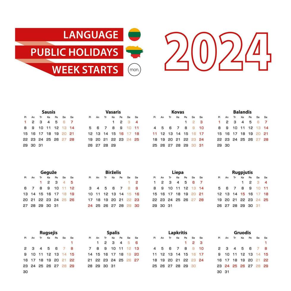 Calendar 2024 in Lithuanian language with public holidays the country of Lithuania in year 2024. vector