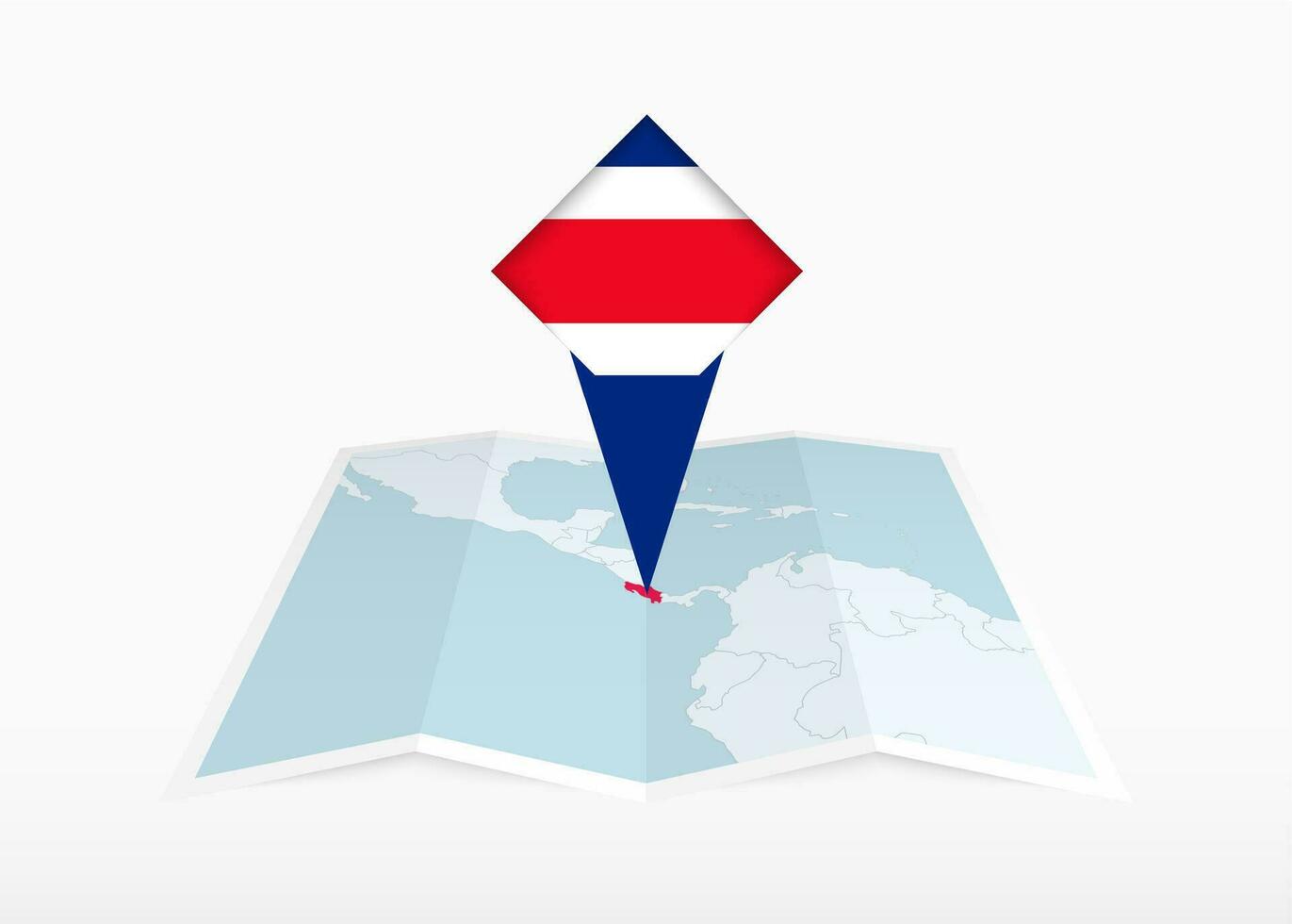 Costa Rica is depicted on a folded paper map and pinned location marker with flag of Costa Rica. vector