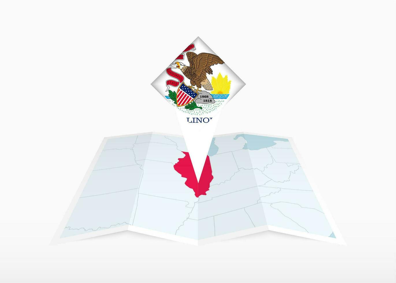 Illinois es representado en un doblada papel mapa y clavado ubicación marcador con bandera de Illinois. vector