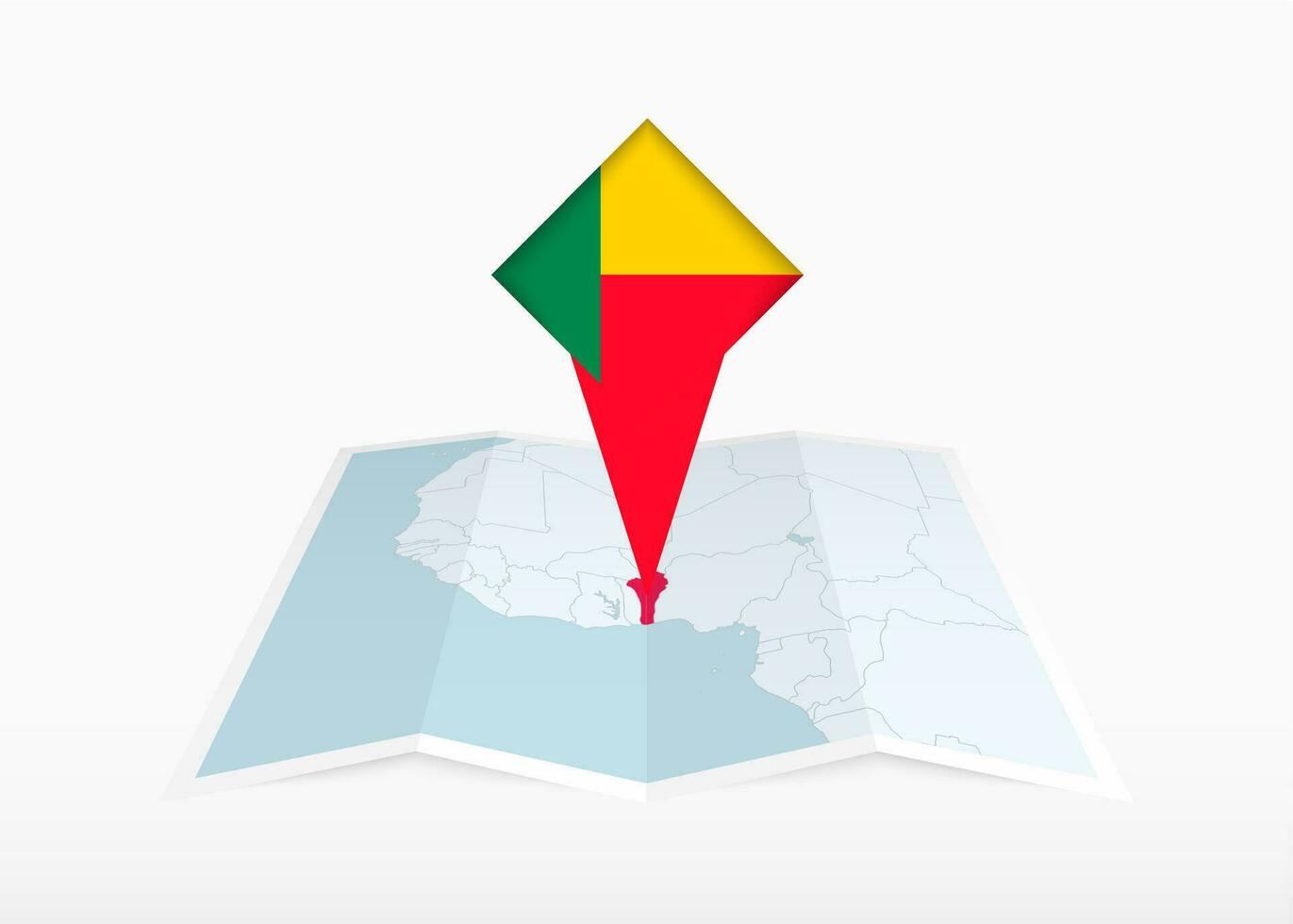 Benin is depicted on a folded paper map and pinned location marker with flag of Benin. vector