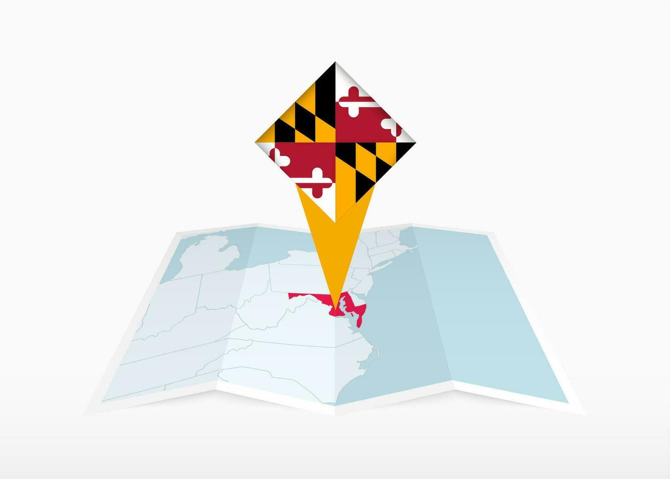 Maryland is depicted on a folded paper map and pinned location marker with flag of Maryland. vector