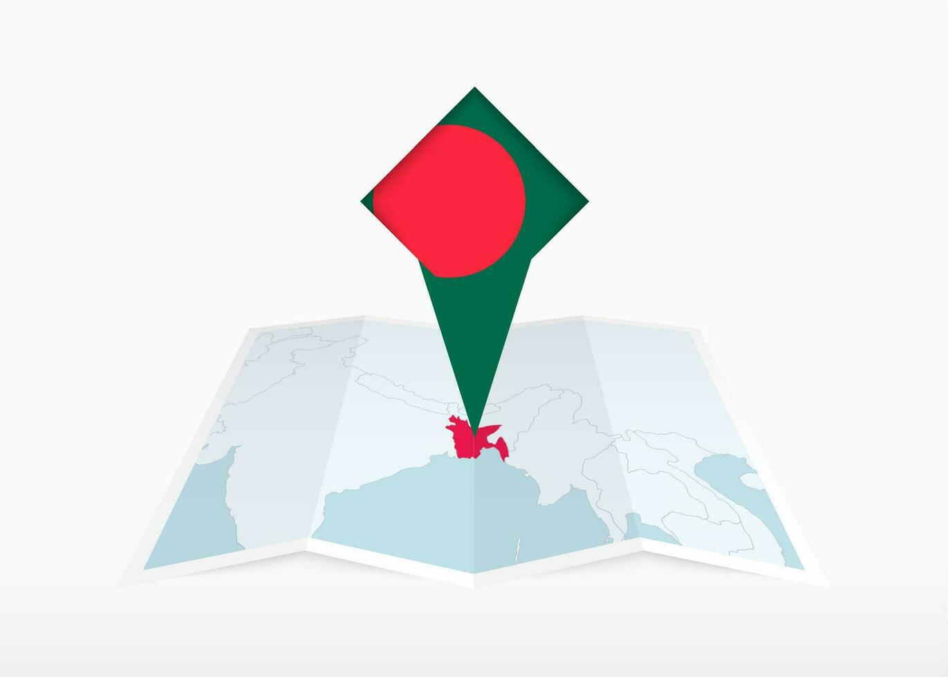 Bangladesh es representado en un doblada papel mapa y clavado ubicación marcador con bandera de bangladesh vector