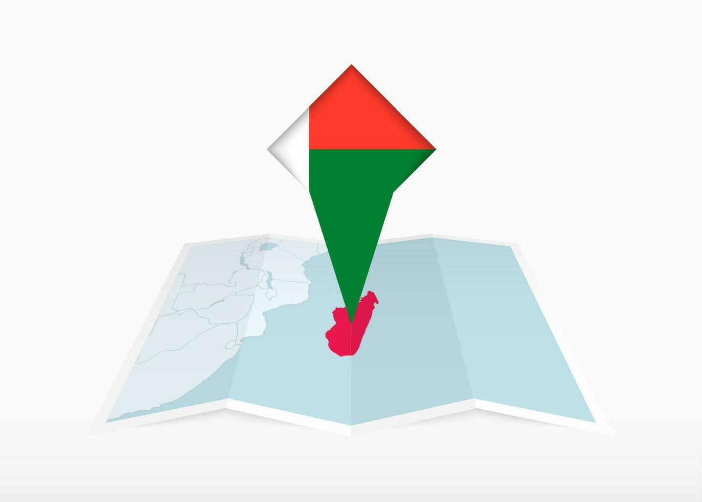 Madagascar is depicted on a folded paper map and pinned location marker with flag of Madagascar. vector