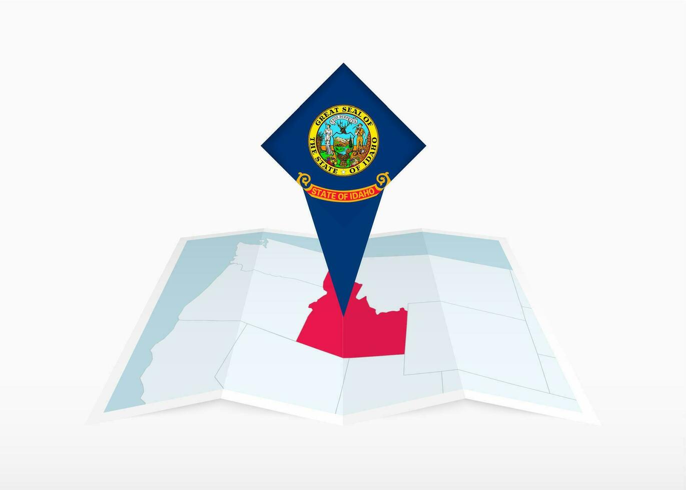 Idaho is depicted on a folded paper map and pinned location marker with flag of Idaho. vector