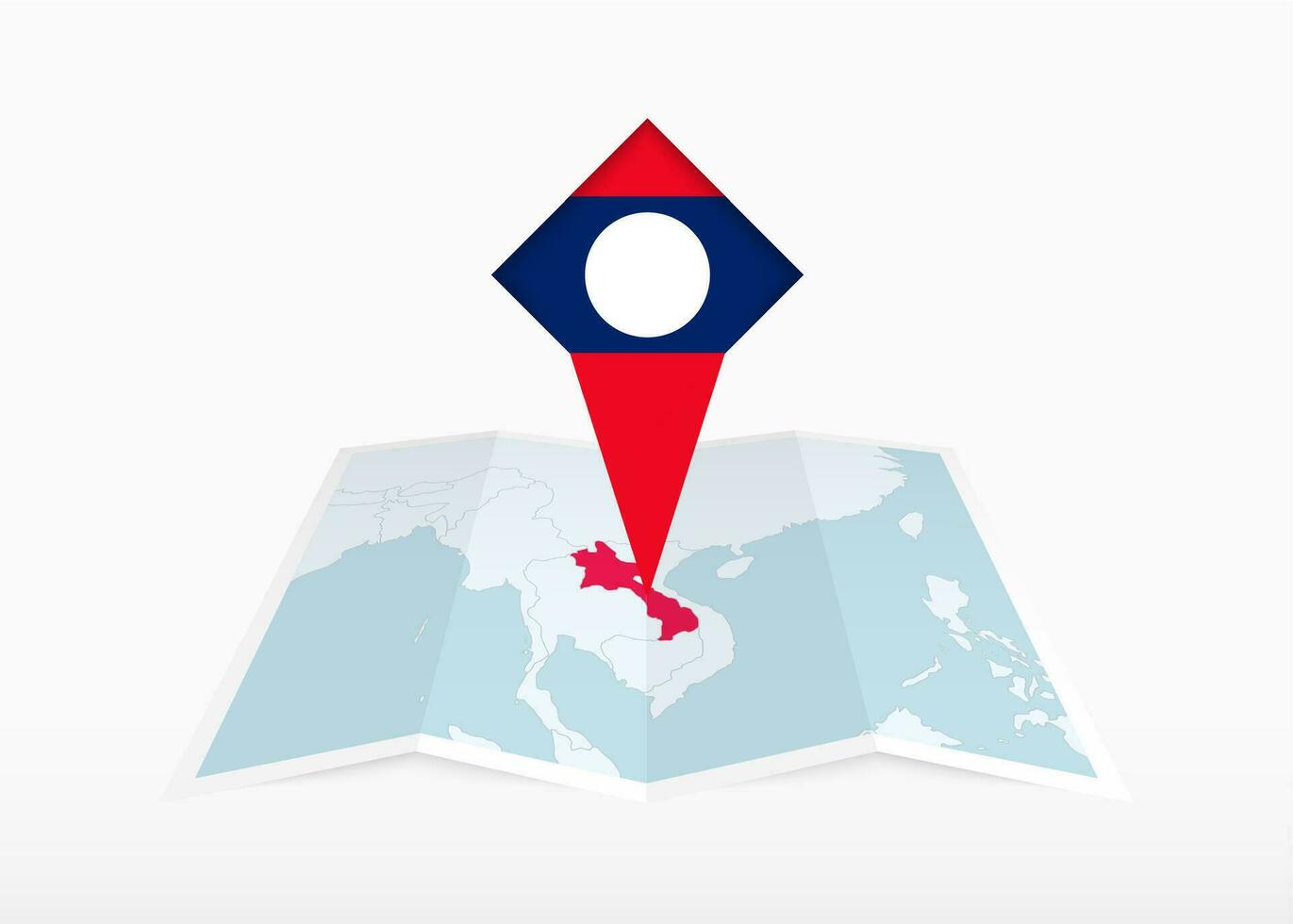 Laos is depicted on a folded paper map and pinned location marker with flag of Laos. vector