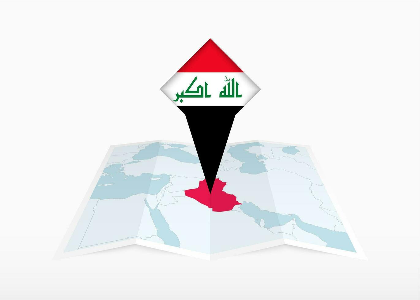 Irak es representado en un doblada papel mapa y clavado ubicación marcador con bandera de Irak. vector