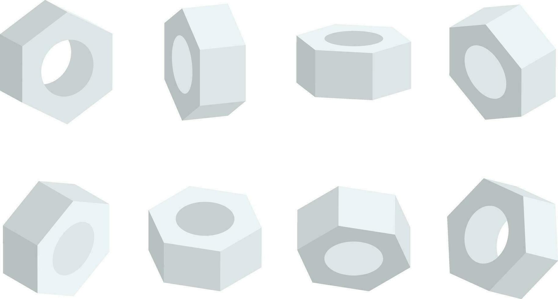 3D nut in various angles vector. Nuts top view, side view, half turn. vector