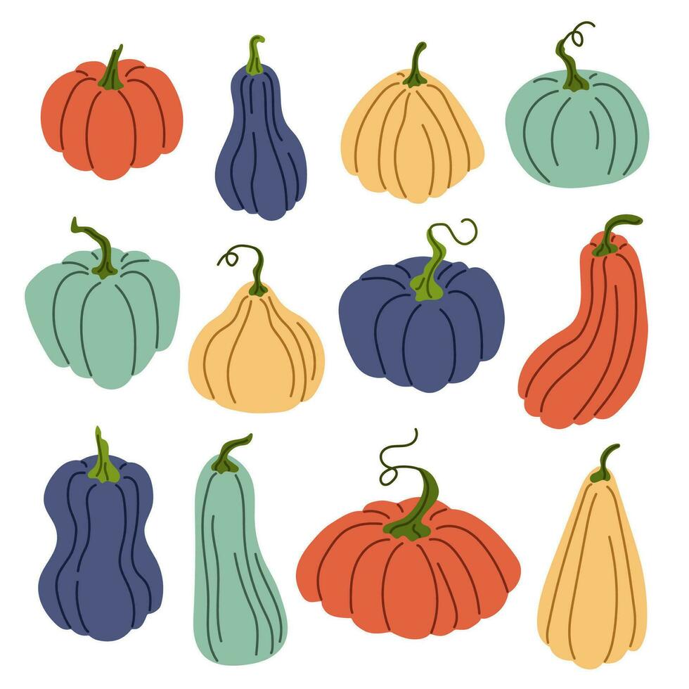 Hand drawn pumpkins collection in doodle, flat style. Autumn, fall, thanksgiving and halloween decoration. Cute pumpkins set. Vector illustration isolated on a white background.