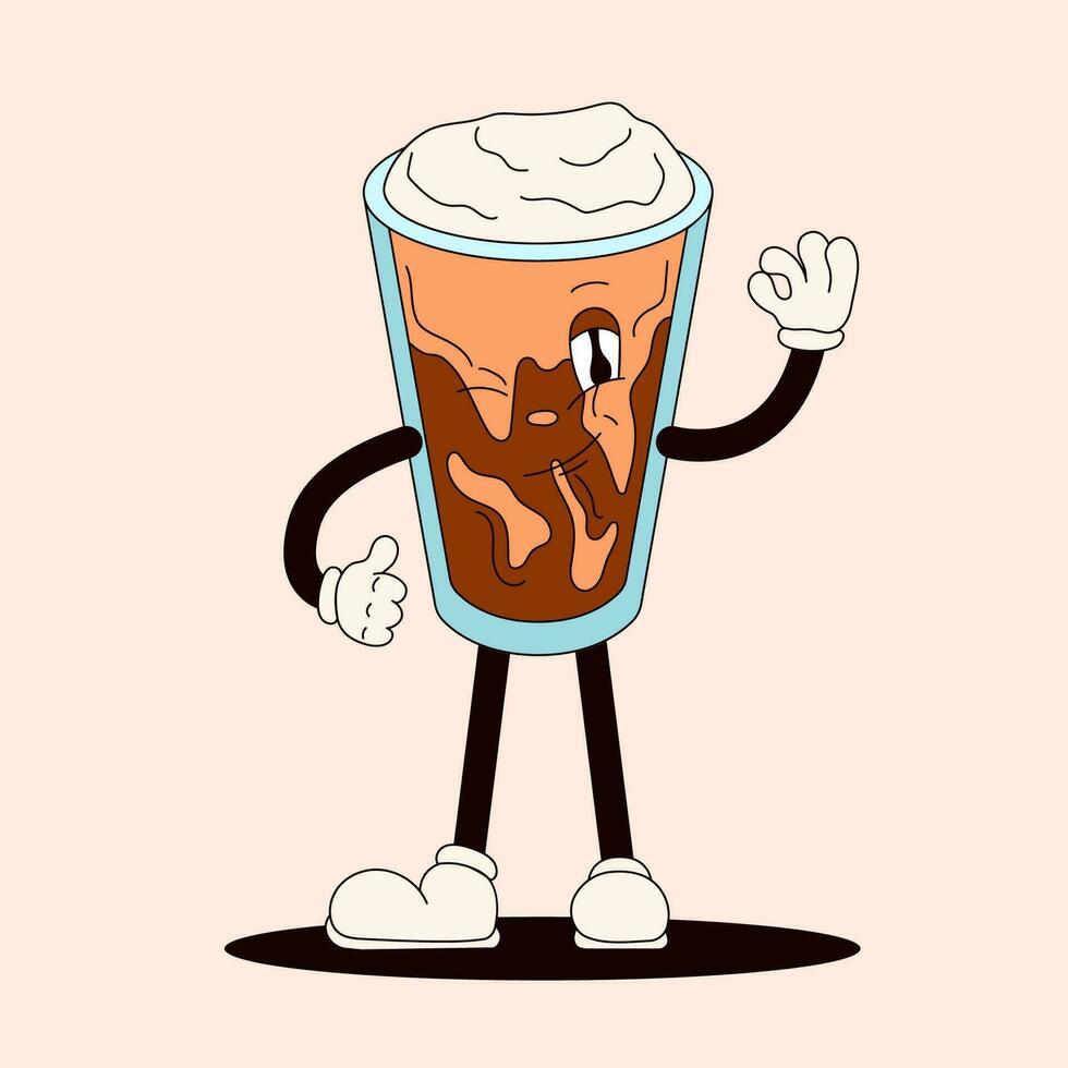 maravilloso bebida sonrisa personaje en forma de con hielo frío elaborar cerveza café. mascota en dibujos animados estilo. vector ilustración aislado en un melocotón antecedentes.