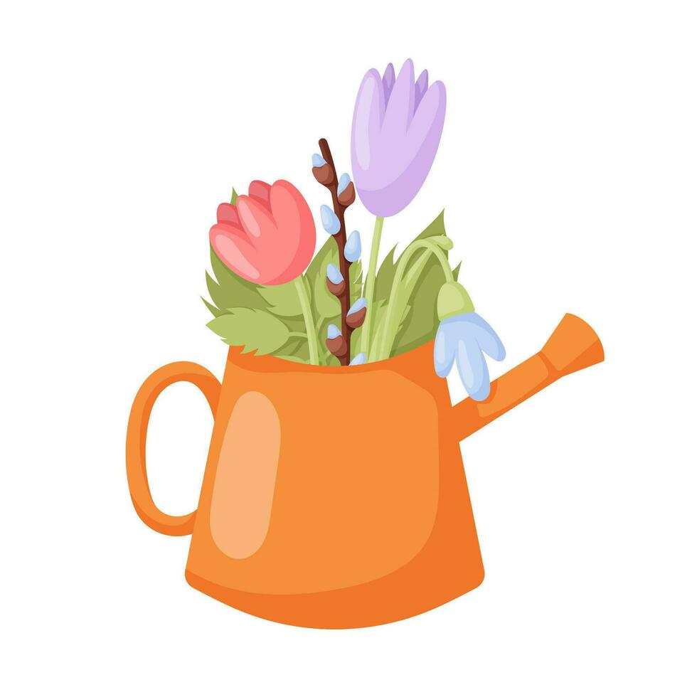 Easter spring flowers. Tulips with leaves in a watering can. Cartoon vector spring flowers