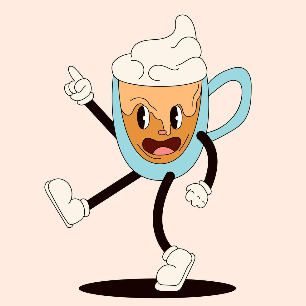 Groovy character in the form of a cup in gloves. Retro cartoon flat style. Vector illustration isolated on a peach background.