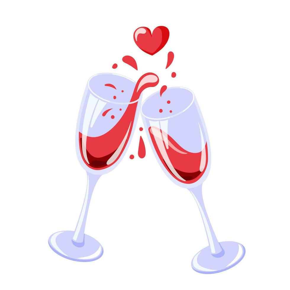 Clinking glasses with splashing wine in cartoon, flat style. Alcoholic beverage. Vector illustration isolated on a white background.