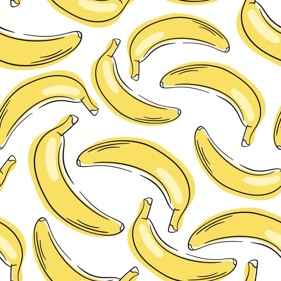 bananas sin costura modelo en un blanco antecedentes. amarillo banana. envase papel, bandera, póster, impresión. Fresco plátano icono vector ilustración.